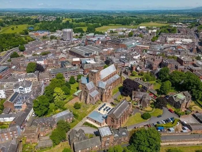 Framed Print : An aerial drone photo of the cathedral in Carlisle. Carlisle is a town in Cumbria, north-west England Framed Print : An aerial drone photo of the cathedral in Carlisle. Carlisle is a town in Cumbria, north-west England