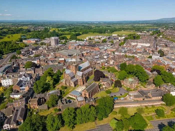 Framed Print : An aerial drone photo of the cathedral in Carlisle. Carlisle is a town in Cumbria, north-west England Framed Print : An aerial drone photo of the cathedral in Carlisle. Carlisle is a town in Cumbria, north-west England
