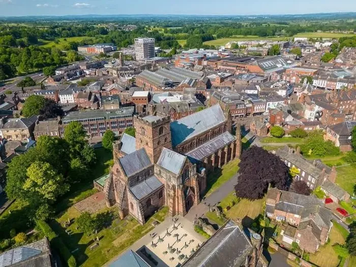 Framed Print : An aerial drone photo of the cathedral in Carlisle. Carlisle is a town in Cumbria, north-west England Framed Print : An aerial drone photo of the cathedral in Carlisle. Carlisle is a town in Cumbria, north-west England