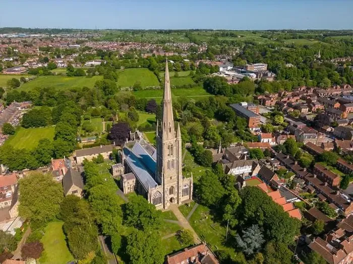 Framed Print : Aerial drone photo of the church in Grantham. Grantham is a town in Lincolnshire, England Framed Print : Aerial drone photo of the church in Grantham. Grantham is a town in Lincolnshire, England