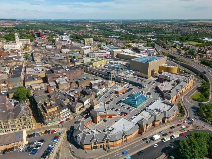 Framed Print : Aerial drone photo of the city centre of Barnsley in England Framed Print : Aerial drone photo of the city centre of Barnsley in England