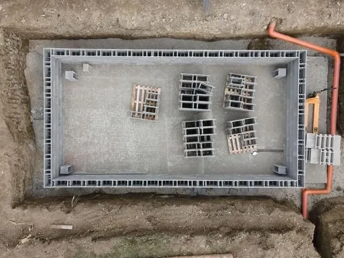 Framed Print : Aerial drone photo of a construction site for a pool Framed Print : Aerial drone photo of a construction site for a pool