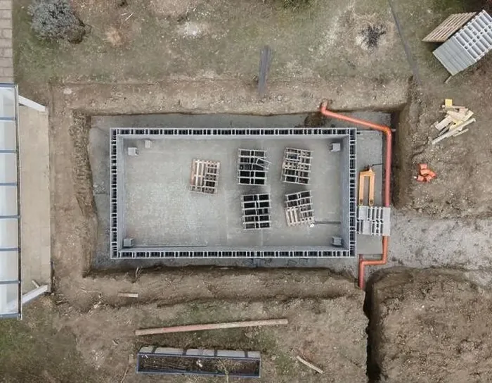 Framed Print : Aerial drone photo of a construction site for a pool Framed Print : Aerial drone photo of a construction site for a pool
