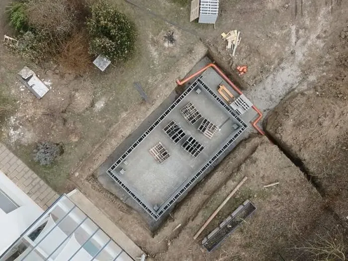 Framed Print : Aerial drone photo of a construction site for a pool Framed Print : Aerial drone photo of a construction site for a pool