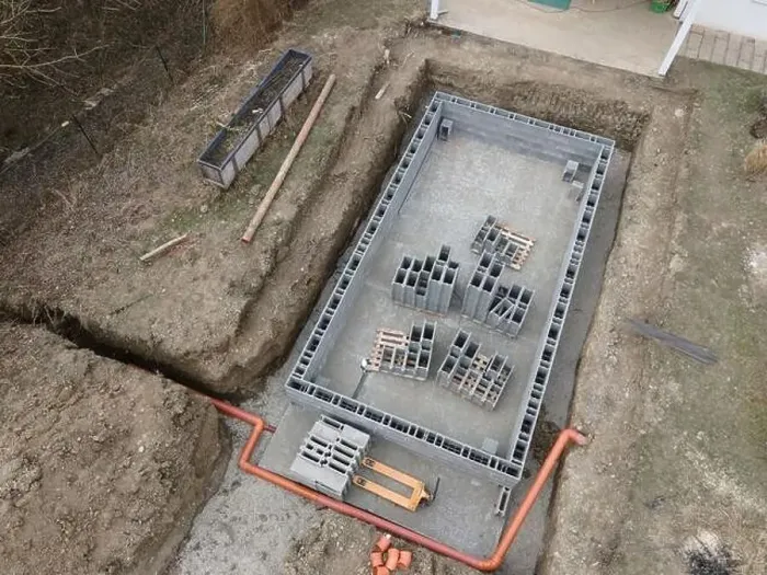 Framed Print : Aerial drone photo of a construction site for a pool Framed Print : Aerial drone photo of a construction site for a pool