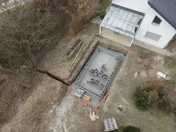 Framed Print : Aerial drone photo of a construction site for a pool Framed Print : Aerial drone photo of a construction site for a pool