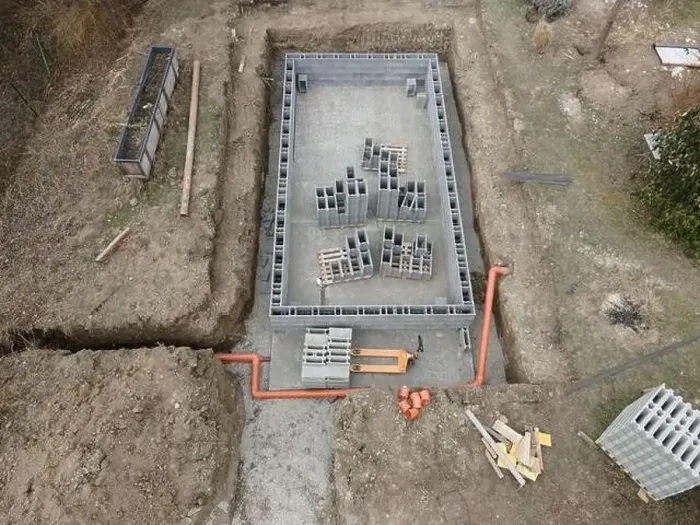 Framed Print : Aerial drone photo of a construction site for a pool Framed Print : Aerial drone photo of a construction site for a pool