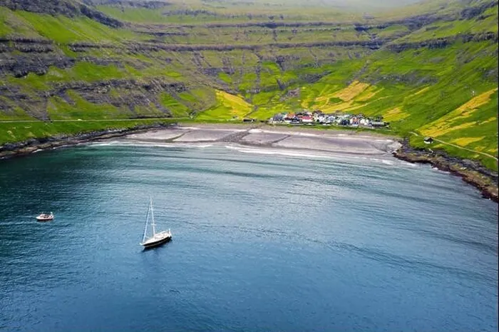 Framed Print : Aerial drone photo flying over Tjornuvik beach on Streymoy island, Faroe Islands, Denmark. Landscape photography Framed Print : Aerial drone photo flying over Tjornuvik beach on Streymoy island, Faroe Islands, Denmark. Landscape photography