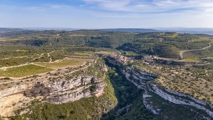 Framed Print : Aerial drone photo of gorge du Brian near the village of Minerve in France. It shows a large canyon from above Framed Print : Aerial drone photo of gorge du Brian near the village of Minerve in France. It shows a large canyon from above