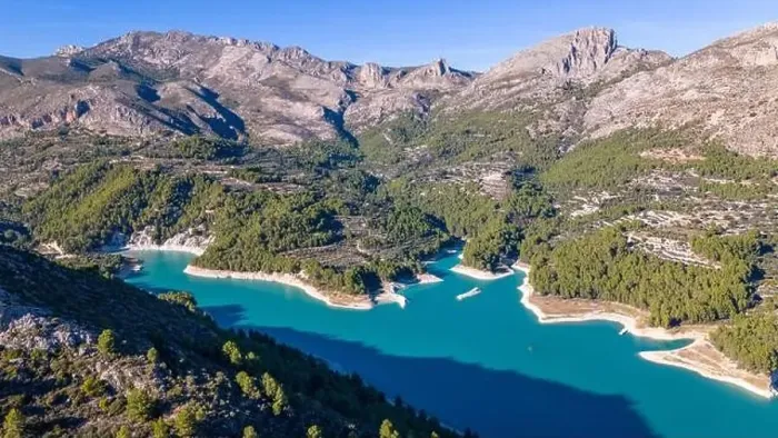 Framed Print : Aerial drone photo of the lake Guadalest in the mountains near the Costa Blanca, Spain Framed Print : Aerial drone photo of the lake Guadalest in the mountains near the Costa Blanca, Spain