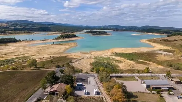 Framed Print : Aerial drone photo of the Lake Montbel in the region of Ariege, south France Framed Print : Aerial drone photo of the Lake Montbel in the region of Ariege, south France