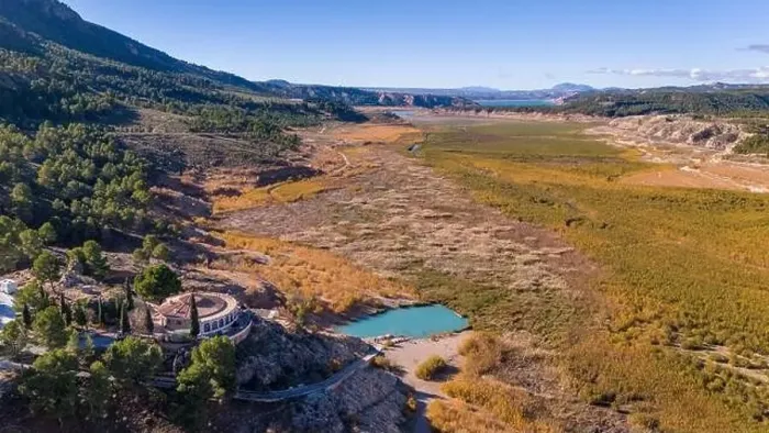 Framed Print : Aerial drone photo of the lake Negratin and the hot springs which are located in the Granada Geopark, Spain Framed Print : Aerial drone photo of the lake Negratin and the hot springs which are located in the Granada Geopark, Spain