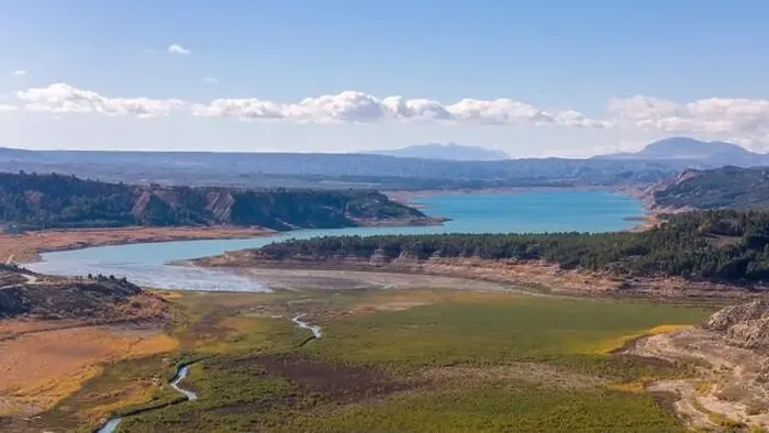 Framed Print : Aerial drone photo of the lake Negratin and the hot springs which are located in the Granada Geopark, Spain Framed Print : Aerial drone photo of the lake Negratin and the hot springs which are located in the Granada Geopark, Spain