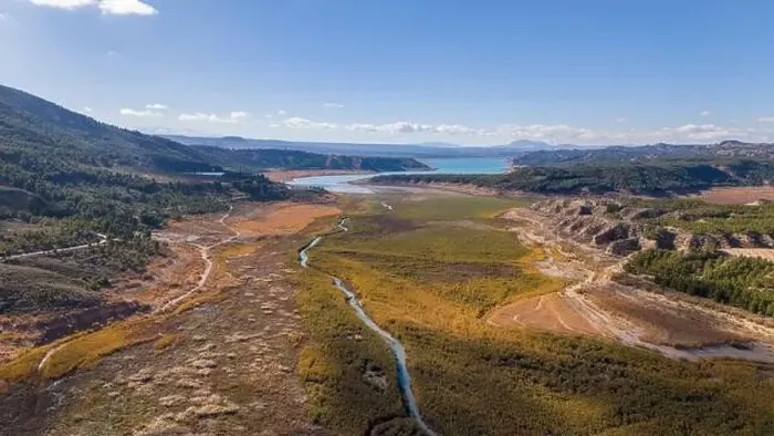 Framed Print : Aerial drone photo of the lake Negratin and the hot springs which are located in the Granada Geopark, Spain Framed Print : Aerial drone photo of the lake Negratin and the hot springs which are located in the Granada Geopark, Spain