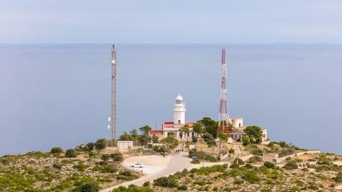 Framed Print : Aerial drone photo of the lighthouse on the cliffs of Cap de Sant Antoni