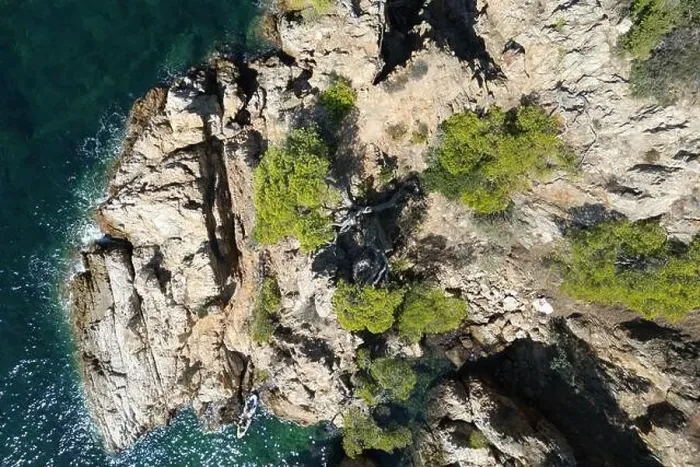 Framed Print : Aerial drone photo looking down on a rocky outcrop in the French Mediterranean of the Var department, France Framed Print : Aerial drone photo looking down on a rocky outcrop in the French Mediterranean of the Var department, France