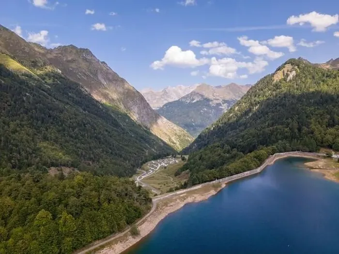 Framed Print : Aerial drone photo of a mountain lake in the French Pyrenees. The lake is named Bious Artigues and is created by a dam Framed Print : Aerial drone photo of a mountain lake in the French Pyrenees. The lake is named Bious Artigues and is created by a dam