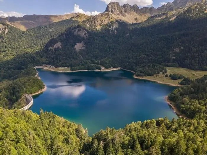 Framed Print : Aerial drone photo of a mountain lake in the French Pyrenees. The lake is named Bious Artigues and is created by a dam Framed Print : Aerial drone photo of a mountain lake in the French Pyrenees. The lake is named Bious Artigues and is created by a dam