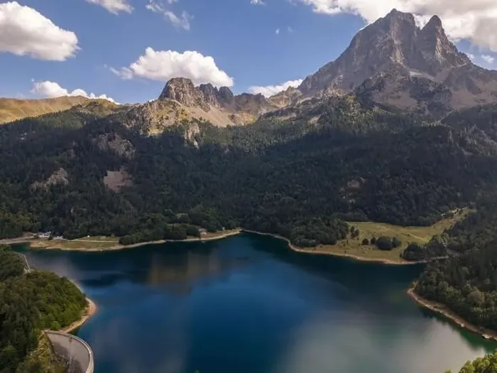 Framed Print : Aerial drone photo of a mountain lake in the French Pyrenees. The lake is named Bious Artigues and is created by a dam Framed Print : Aerial drone photo of a mountain lake in the French Pyrenees. The lake is named Bious Artigues and is created by a dam