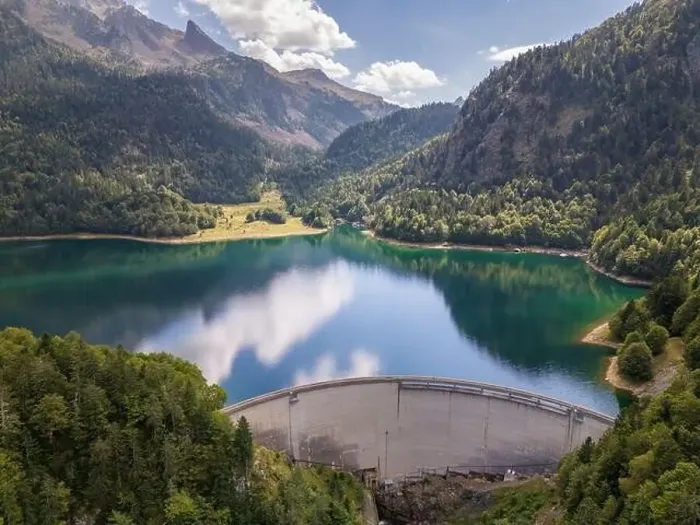 Framed Print : Aerial drone photo of a mountain lake in the French Pyrenees. The lake is named Bious Artigues and is created by a dam Framed Print : Aerial drone photo of a mountain lake in the French Pyrenees. The lake is named Bious Artigues and is created by a dam