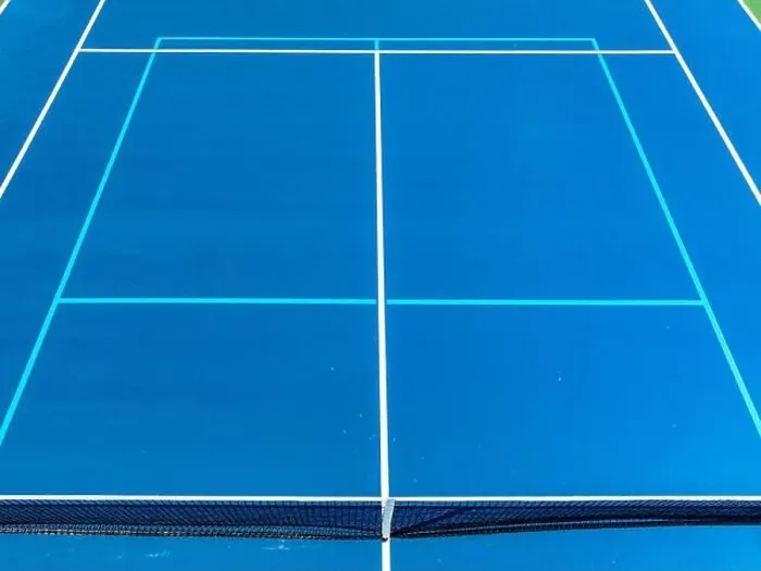 Framed Print : Aerial, drone, photo of new outdoor blue tennis court with white lines combined with light blue pickleball lines Framed Print : Aerial, drone, photo of new outdoor blue tennis court with white lines combined with light blue pickleball lines