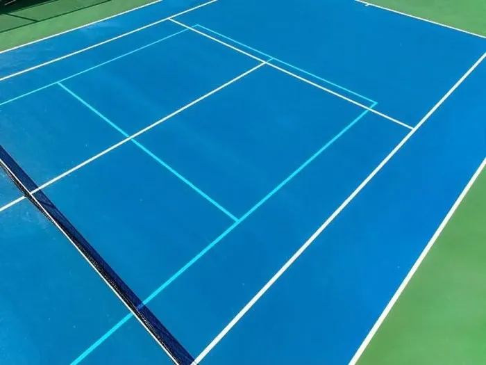 Framed Print : Aerial, drone, photo of new outdoor blue tennis court with white lines combined with light blue pickleball lines Framed Print : Aerial, drone, photo of new outdoor blue tennis court with white lines combined with light blue pickleball lines