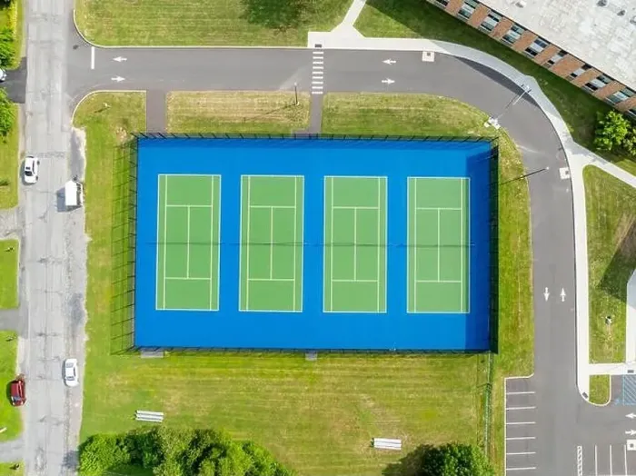 Framed Print : Aerial, drone, photo of new outdoor green tennis courts with white lines and blue out of bounds area Framed Print : Aerial, drone, photo of new outdoor green tennis courts with white lines and blue out of bounds area