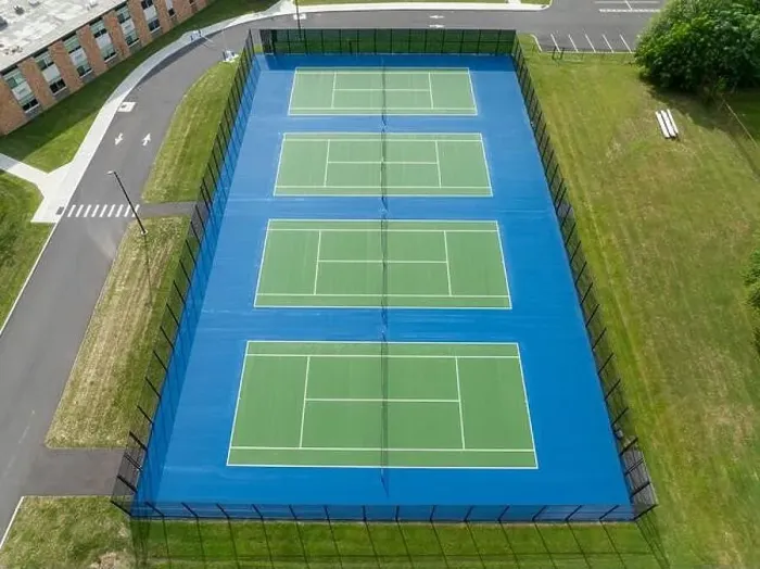 Framed Print : Aerial, drone, photo of new outdoor green tennis courts with white lines and blue out of bounds area Framed Print : Aerial, drone, photo of new outdoor green tennis courts with white lines and blue out of bounds area