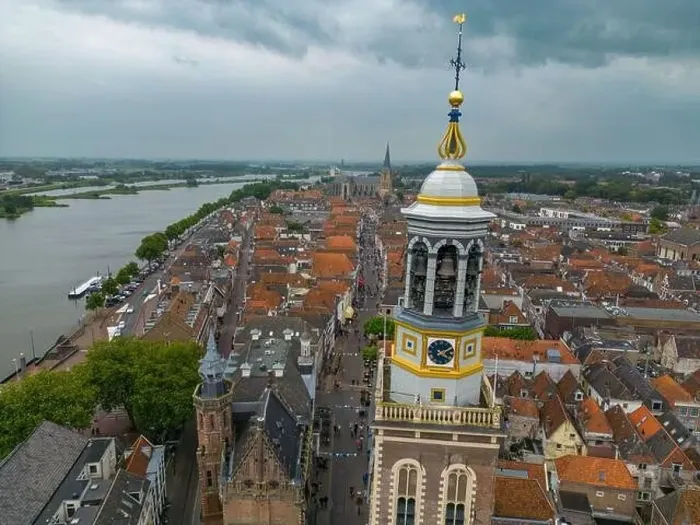 Framed Print : Aerial drone photo of the Nieuwe Toren, which is a large clock tower in Kampen, Overijssel the Netherlands