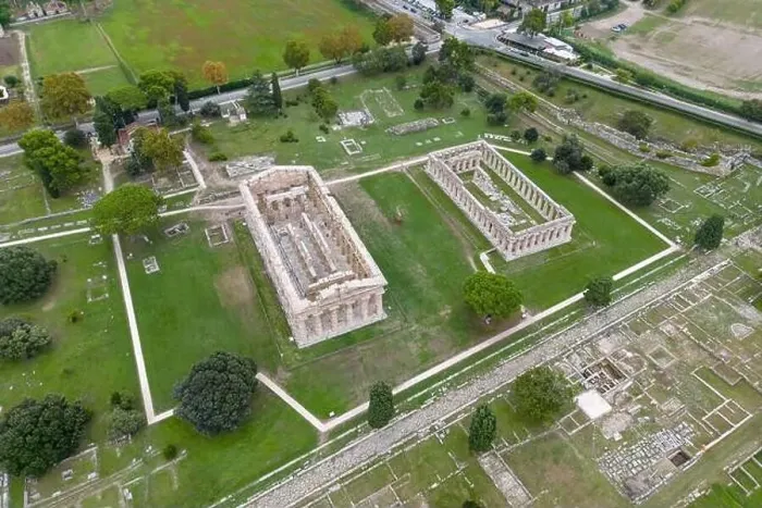 Framed Print : Aerial drone photo of the old ruins in Paestum, Italy. There is an old Greek temple Framed Print : Aerial drone photo of the old ruins in Paestum, Italy. There is an old Greek temple