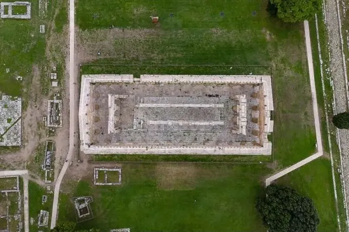 Framed Print : Aerial drone photo of the old ruins in Paestum, Italy. There is an old Greek temple Framed Print : Aerial drone photo of the old ruins in Paestum, Italy. There is an old Greek temple