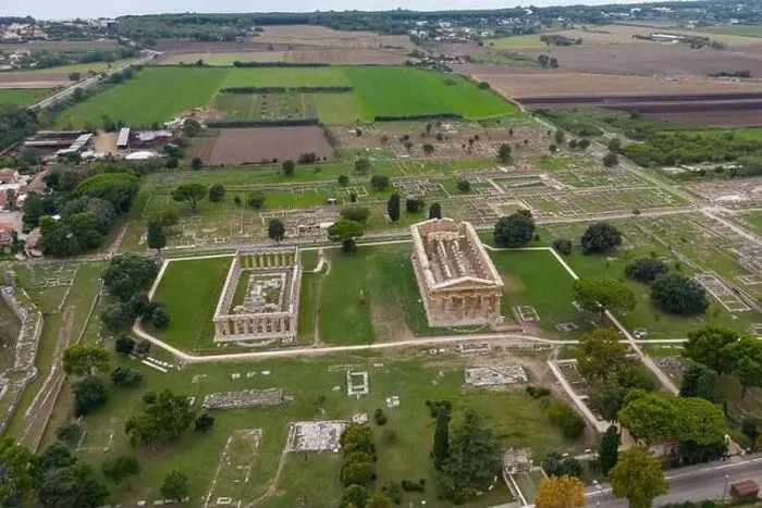 Framed Print : Aerial drone photo of the old ruins in Paestum, Italy. There is an old Greek temple Framed Print : Aerial drone photo of the old ruins in Paestum, Italy. There is an old Greek temple