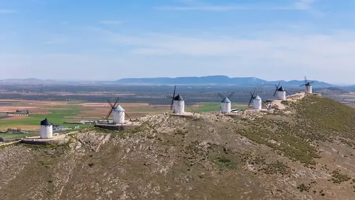 Framed Print : Aerial drone photo of the old windmills and castle in Consuegra, Spain Framed Print : Aerial drone photo of the old windmills and castle in Consuegra, Spain