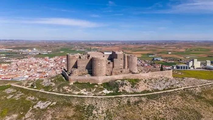 Framed Print : Aerial drone photo of the old windmills and castle in Consuegra, Spain Framed Print : Aerial drone photo of the old windmills and castle in Consuegra, Spain
