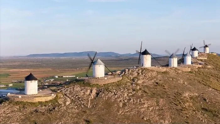 Framed Print : Aerial drone photo of the old windmills and castle in Consuegra, Spain Framed Print : Aerial drone photo of the old windmills and castle in Consuegra, Spain