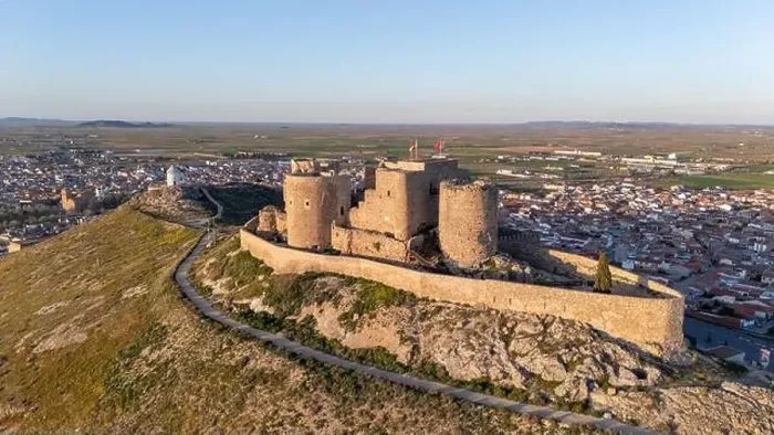 Framed Print : Aerial drone photo of the old windmills and castle in Consuegra, Spain Framed Print : Aerial drone photo of the old windmills and castle in Consuegra, Spain