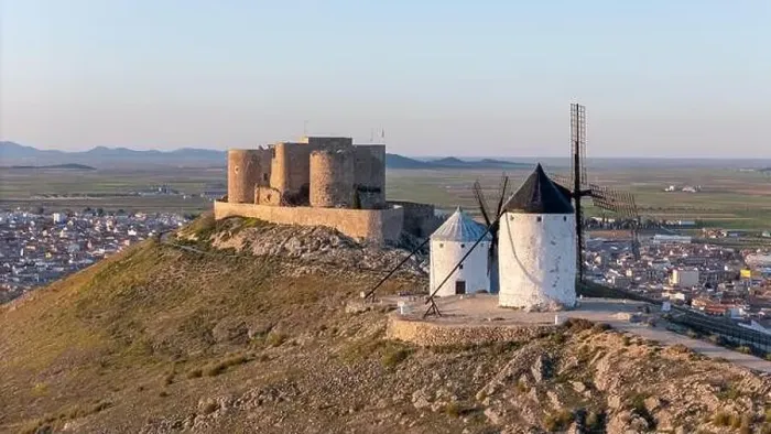 Framed Print : Aerial drone photo of the old windmills and castle in Consuegra, Spain Framed Print : Aerial drone photo of the old windmills and castle in Consuegra, Spain