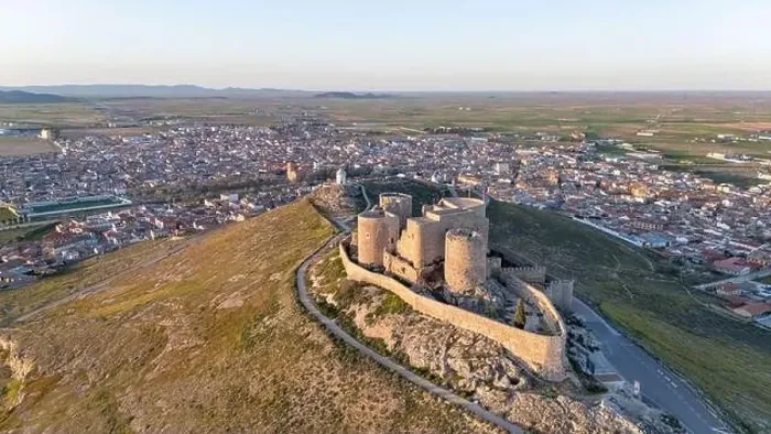 Framed Print : Aerial drone photo of the old windmills and castle in Consuegra, Spain Framed Print : Aerial drone photo of the old windmills and castle in Consuegra, Spain