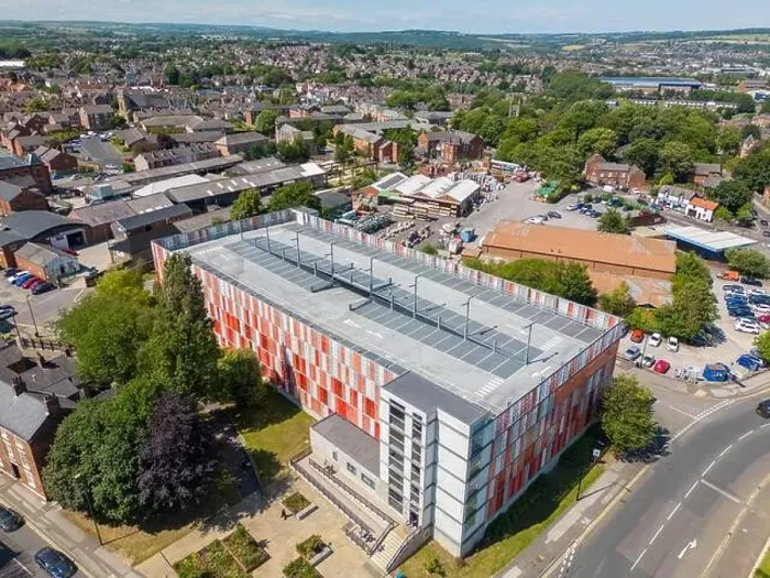 Framed Print : Aerial drone photo of a parking garage in the English town Chesterfield Framed Print : Aerial drone photo of a parking garage in the English town Chesterfield