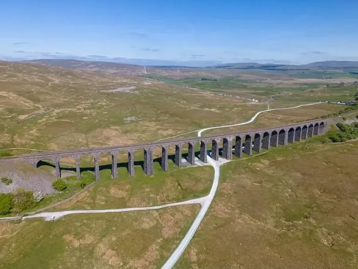 Framed Print : Aerial drone photo of the Ribblehead Viaduct. The large viaduct is a railway bridge in the Yorkshire Dales in England Framed Print : Aerial drone photo of the Ribblehead Viaduct. The large viaduct is a railway bridge in the Yorkshire Dales in England