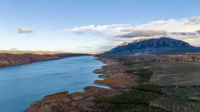 Framed Print : This aerial drone photo shows the lake Negratin in the Granada Geopark, Spain