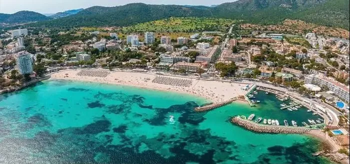 Framed Print : Aerial drone top down photo of small emerald sea tropical port Framed Print : Aerial drone top down photo of small emerald sea tropical port
