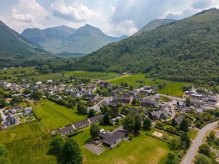 Framed Print : Aerial drone photo of the small village Glencoe. Glencoe is located between teh mountains of the Scottish Highlands Framed Print : Aerial drone photo of the small village Glencoe. Glencoe is located between teh mountains of the Scottish Highlands