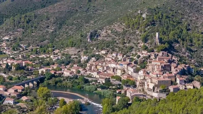 Framed Print : Aerial drone photo of the small village named Roquebrun Framed Print : Aerial drone photo of the small village named Roquebrun