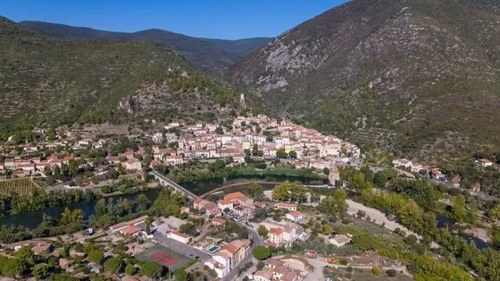 Framed Print : Aerial drone photo of the small village named Roquebrun Framed Print : Aerial drone photo of the small village named Roquebrun