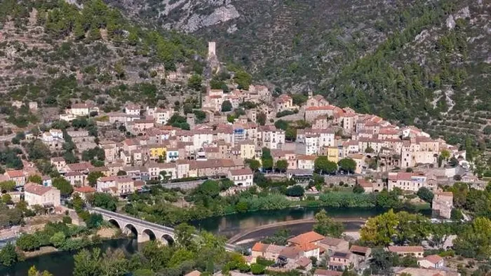 Framed Print : Aerial drone photo of the small village named Roquebrun Framed Print : Aerial drone photo of the small village named Roquebrun