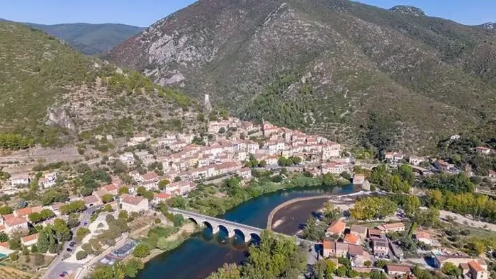 Framed Print : Aerial drone photo of the small village named Roquebrun Framed Print : Aerial drone photo of the small village named Roquebrun