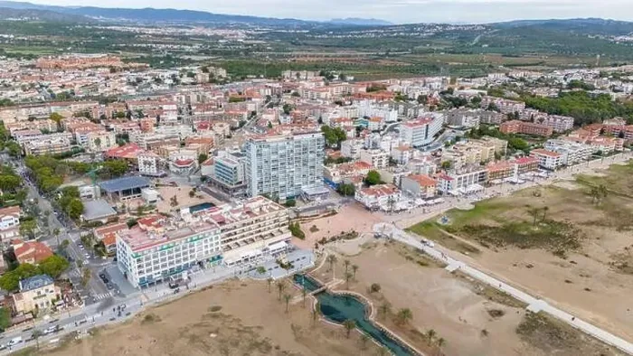 Framed Print : Aerial drone photo of the Spanish coastal town named Coma-Ruga in Tarragona Framed Print : Aerial drone photo of the Spanish coastal town named Coma-Ruga in Tarragona