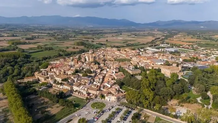 Framed Print : Aerial drone photo of the Spanish town named Peralada in Catalonia