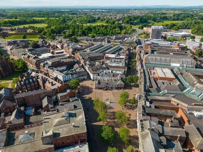 Framed Print : An aerial drone photo of the town centre of Carlisle in Cumbria Framed Print : An aerial drone photo of the town centre of Carlisle in Cumbria